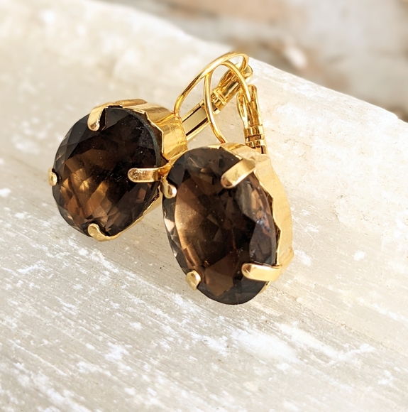 32 CT. Large Natural Brown Smoky Quartz / Topaz In Gold Plated Earrings - Picture 4 of 7
